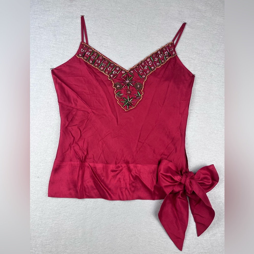 Vintage Y2K DStudio Sleeveless Blouse 10 Maroon Red 100% Silk Beaded Sash Tie
